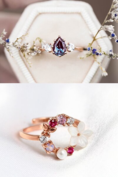 Sahira Jewelry Mistik Topaz Ve Orkide Yüzük 2li Set 14 K Rose Altın Kaplama Y...