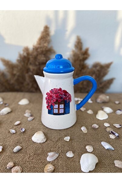 Handmadesign Kapaklı El Yapımı Seramik Sürahi Bodrum Evi Mavi Begonvil Pembe