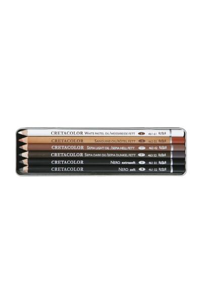 CretaColor Oil Pencil Drawing Set Karakalem Eskiz Çizim Seti Metal Kutu 6 Parça