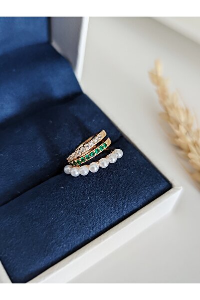 SU PERİSİ TAKI BİJUTERİ Gold 3 Sıra Zirkon Taşlı, Incili Earcuff ( Kıkırdak K...