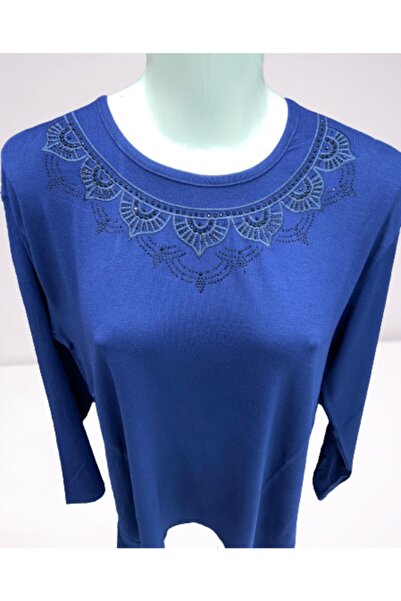 Nacar Kadın Lacivert Anne Yaka Taşlı Penye Buluz