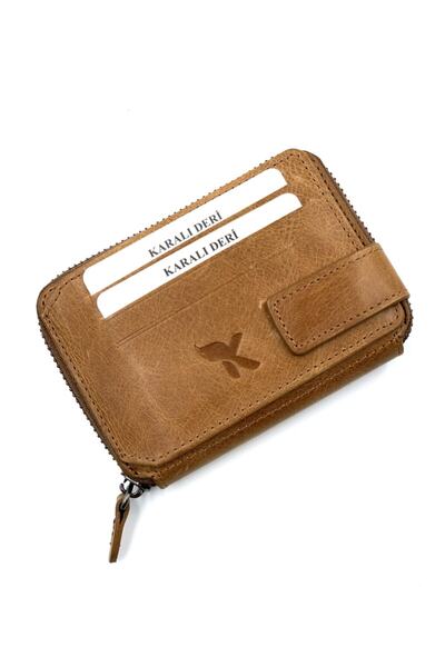 Karalı Deri , Hakiki Deri Crazy Fermuarlı Unısex Cüzdan C212 Taba
