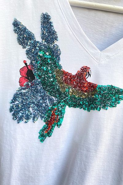 FEMELLE Tricou din bumbac brodat cu paiete alb cu pasăre