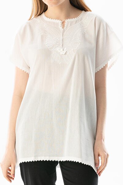 Eliş Şile Bezi Κοντό μανίκι Şile Πανί Naz Καλοκαιρινή Μπλούζα Λευκή Byz