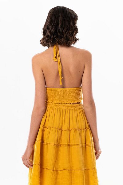 Eliş Şile Bezi Καλοκαιρινό Muslin Bustier Mustard Hrd με λεπτομέρεια με κορδόνια