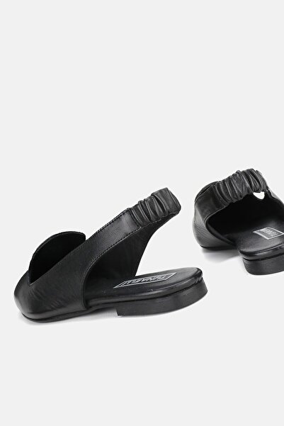 TUNAELLİ Black Genuine Natural Leather - Open Sandals Ballerinas