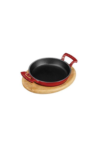 Lava Cast Round Pan Cast Iron Solid Double Handle Beech Serving Wood 20 cm Red