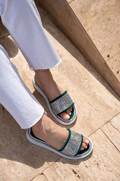 LAMİNTA Rory Yeşil Жіночі капці з одним ремінцем і камінцями