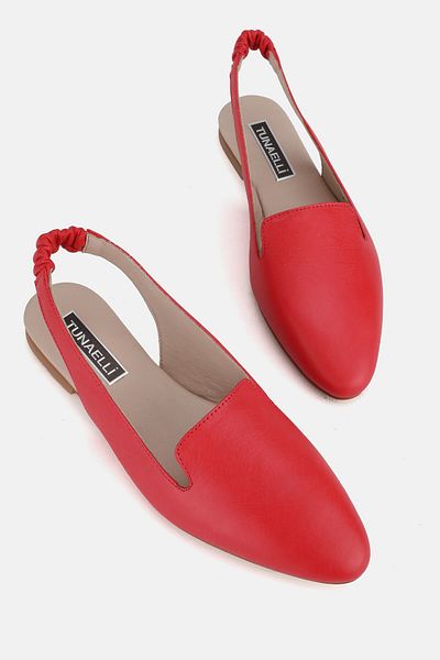 TUNAELLİ Women's Red Genuine Natural Leather Open Sandals - Ballerinas