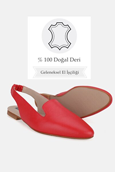 TUNAELLİ Women's Red Genuine Natural Leather Open Sandals - Ballerinas