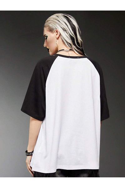 EVIus Tricou oversize unisex grunge punk cu imprimeu cu mâneci raglan cu decolteu