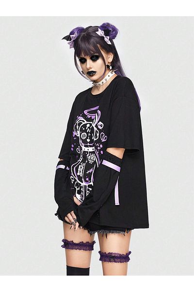 EVIus Tricou oversize unisex grunge punk kawaii cu imprimeu cu decolteu