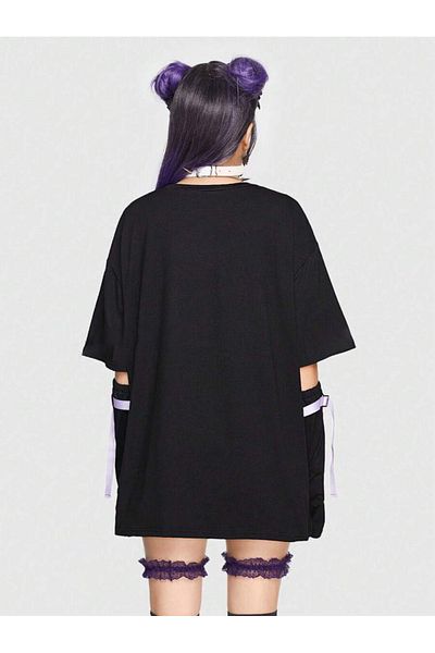 EVIus Tricou oversize unisex grunge punk kawaii cu imprimeu cu decolteu