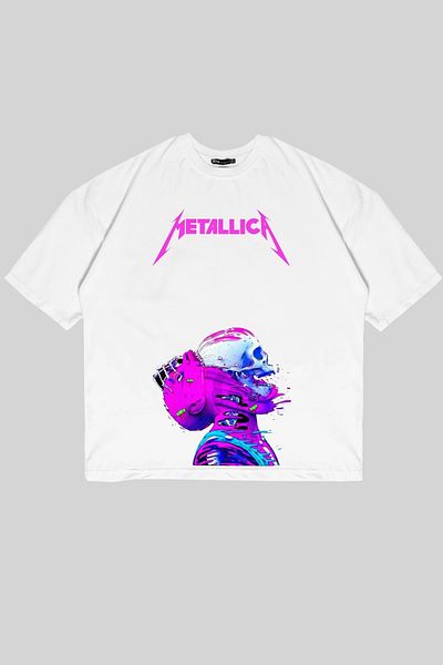 Sekizbiraltı Μπλουζάκι Metallica White Unisex Oversize Neon Pink Printed Tshirt