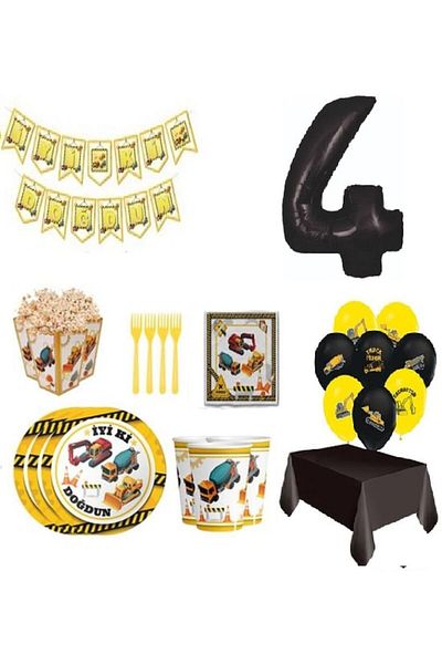 DÜVENCİ TİCARET Construction Theme - Birthday Concept with Plate and Cup