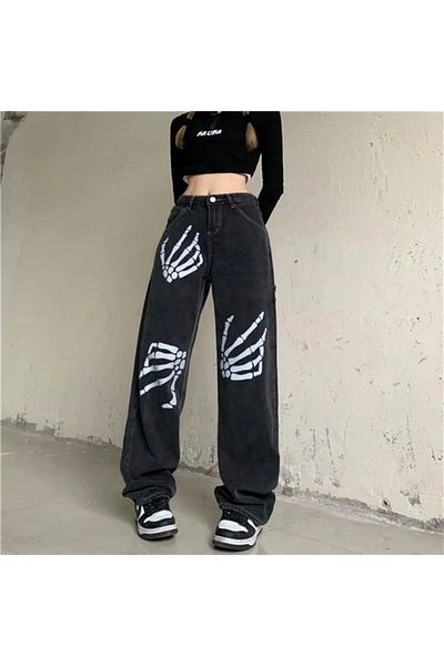 Gofeel Παντελόνι Gothic Skeleton Hand Printed Unisex Φαρδύ σκούρο γκρι παντελόνι