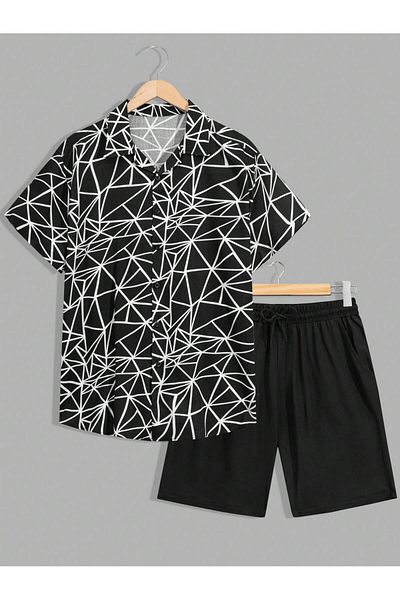 YNGMENCLASS COTTON TEXTURED PRINTED VISCOSE SHORTS SHIRT SET