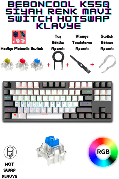 beboncool Leaven K550 Rainbow RGB HotSwap Kablolu Siyah Renk Mavi Switch Gami...