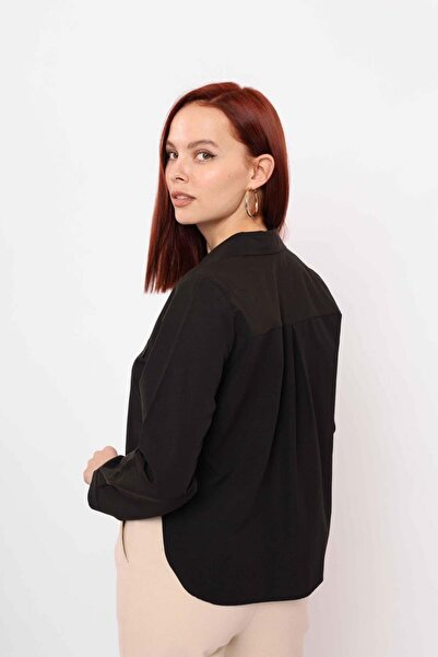 Lusin Women's Comfortable Cut Pocket Ornamental Detailed Woven Shirt - Black