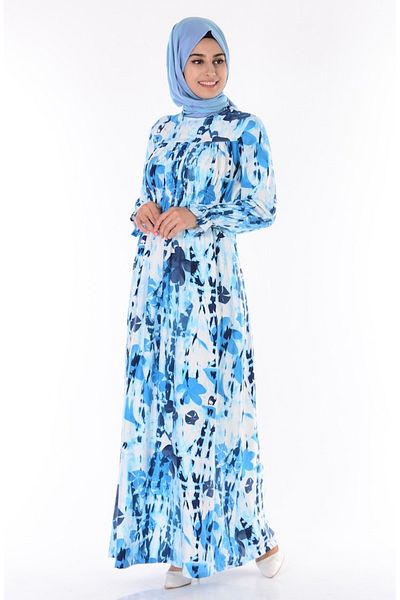 Lavanta Tekstil Blue Patterned Hijab Dress