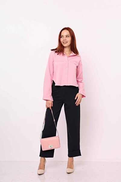 Lusin Women's Comfortable Cut Pocket Ornamental Detailed Woven Shirt - Candy Pink