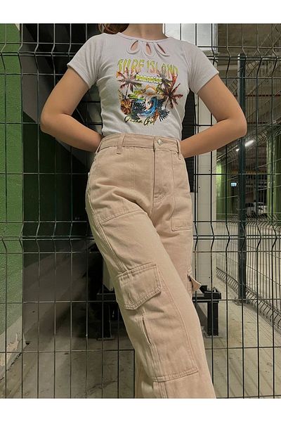 Gofeel Y2k Cream Cargo Front Pocket Detailed Unisex Trousers Cream