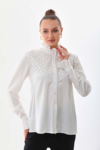 Loom Boutique Kadın Büyük Beden İşlemeli Dantel Garnili Krep Gömlek G0041