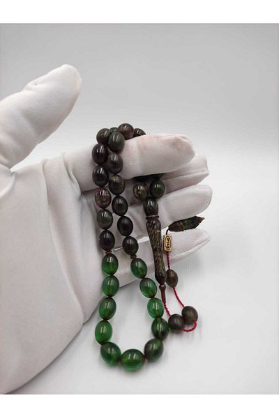 ALTUNTAŞ USTA Black and Green Hooded Sikma Amber Prayer Beads - Detailed with Workmanship