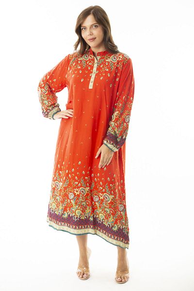 Şans Women's Large Size Red Woven Viscose Fabric Front Buttoned Long Sleeve Dress 65N36871
