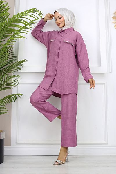 Bold Grup Women's Pocket Closures Pearl Decorated Linen Double Shirt Pants Set