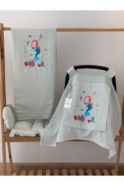 MAMARADUGA Tek Katlı Müslin Nakışlı Puset Örtüsü+puset Minderi+ Çift Katlı Na...