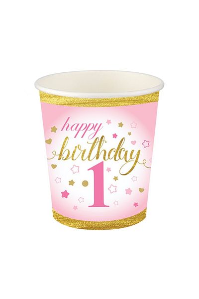 Roll-Up 8 Oz Paper Cups Pack of 8 - Happy Birthday - 1 Year Pink