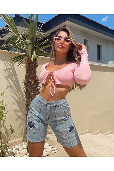 1Moda1Tarz Pantaloni scurți din denim cu design special, cu broderie Crystal Stone, rupti, detaliați