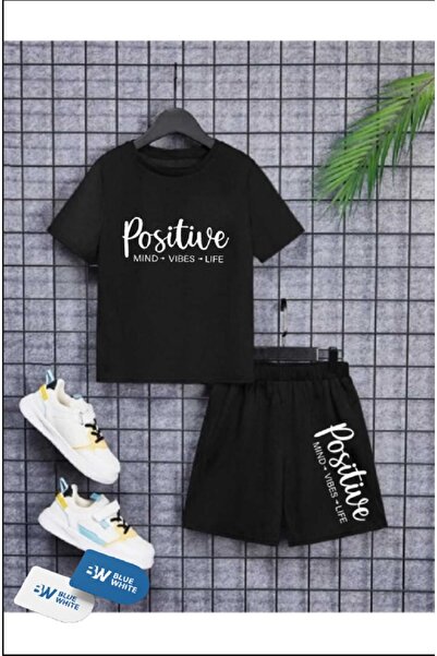 SİNSER TEKS Комплект от тениска с принт „POSITIF“ и шорти за момчета/момичета