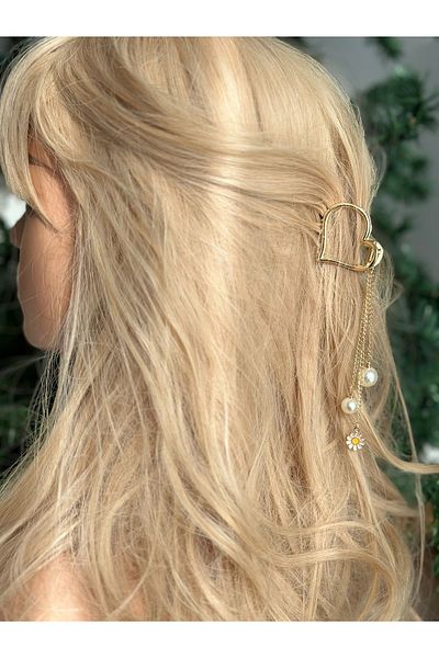 QUEEN AKSESUAR Gold Gold Metal Imported Fashion - Heart and Daisy Patterned Dangle Chain Pegs