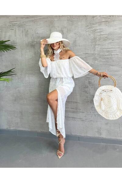 1Moda1Tarz Kadın Beyaz Şifon Kumaş Varam Baskı Astarlı Dantel Detay Tasarım Elbise