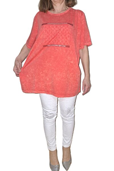 HaiModa Kadın T-Shirt Büyük Beden 50-56 Beden Kısa Kol Taşlı
