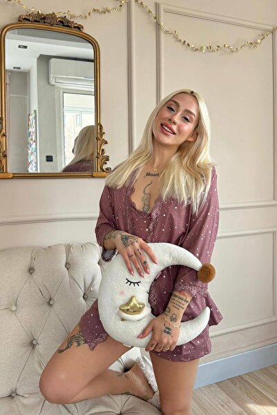 Pijamaevi Dark Pink Mini Stars Patterned Bamboo Crop Dressing Gown and Shorts Women's Pajamas Set