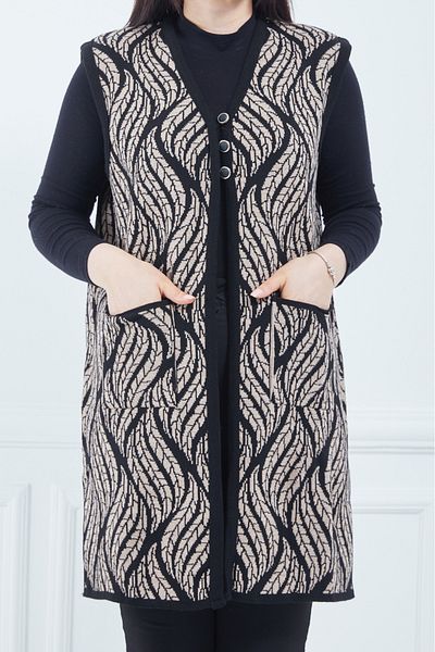 Stilmony Women's Mink Leaf Patterned Long Knitwear Vest with Three Buttons Pockets