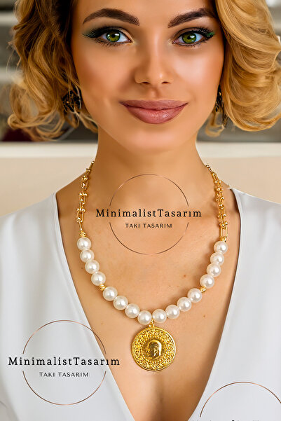 MinimalistTasarım Tam Altın Kolye, Dorika Kolye, Altın Kaplama Tam Altın Kolye, Çeyrekli Kolye Tam Altın Incili Kolye