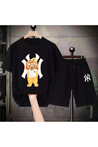 NewCabin طقم تي شيرت كبير الحجم مطبوع للجنسين وشورت صيفي من الأسفل مكون من قط...