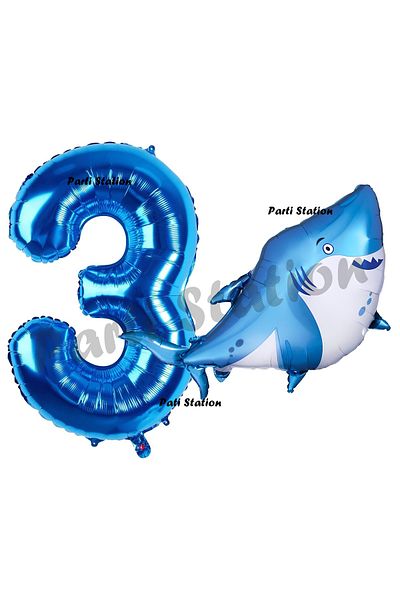 Parti Station 3 Year Old Birthday Shark Balloon Set - Concept and Navy Blue Number
