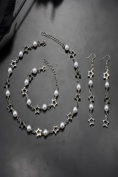 LE&DA Accessory İncili ve Yıldızlı Y2k Fairycore Bileklik Kolye Küpe Set