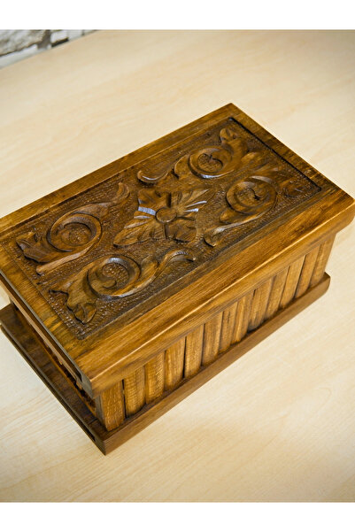 woodage Geleneksel El Oyması Masif Ceviz Ağacı Şifreli Takı Kutusu