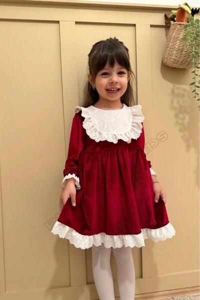 penu baby kids Bordo Lace Long Sleeve Velvet Baby Girl Dress