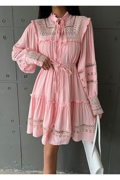 BRGCLOTHING Women's Imported Premium Crinkle Fabric Lace Detailed Lined & Sash Included DRESS