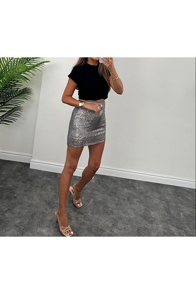 AYSİ COLLECTİON Fusta cu paiete cu paiete din lycra de calitate de lux, argintiu