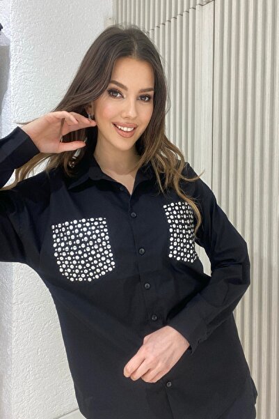 Butikayandon KADIN SİYAH YAZLIK ÇİFT CEP UZUN KOL BOL KALIP CEPLERİ TAŞLI GÖM...