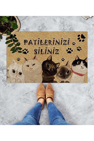 Çyr Home PATİLERİNİZİ SİLİN KEDİ DİJİTAL BASKILI DEKORATİF DESENLİ KAPI ÖNÜ P...