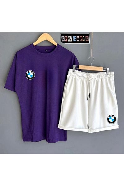 NewCabin New Season Unisex BMW Printed Oversize T-Shirt - Colorful BMW Printed Summer Shorts 2-Piece